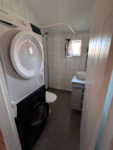 La petite salle de bains est pourvue de toilettes et d'un lavabo. dans l'établissement Fishermans cabin in Lofoten, Stamsund, à Stamsund