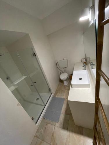 a bathroom with a shower and a sink and a toilet at Casa dos Rebolinhos in Sagres