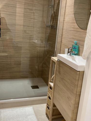 ein Bad mit einem Waschbecken und einer Dusche in der Unterkunft Studio au couleur de l’océan in Riantec