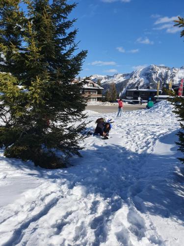 a person laying in the snow next to a tree at Appartement Pension Bäckenhäusl FERIENWOHNUNGEN Chalets Hütten Komfortzimmer in Uttendorf