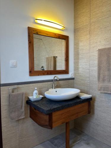 a bathroom with a sink and a mirror at A Fonte in Santo António