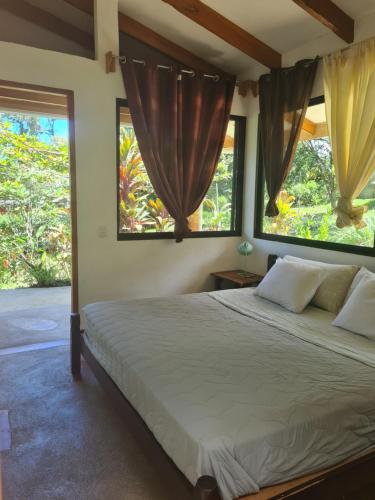 a bedroom with a bed and two windows at Finca Soley in Tucurrique