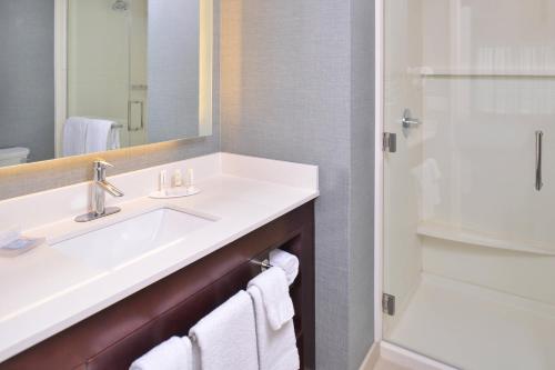 a bathroom with a sink and a shower at Residence Inn by Marriott Cedar Rapids South in Cedar Rapids