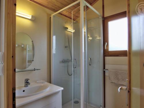 een badkamer met een douche, een wastafel en een spiegel bij Gîte Les Noes, 3 pièces, 4 personnes - FR-1-496-239 