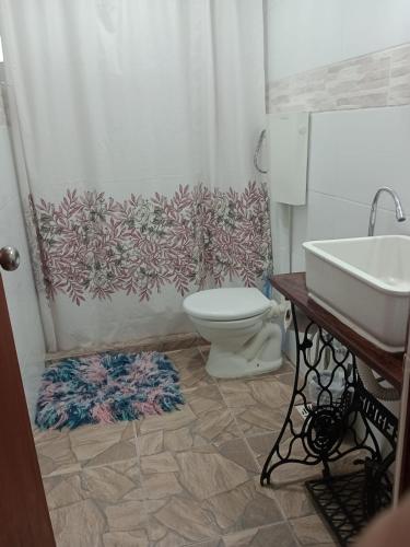 a bathroom with a white toilet and a sink at La Baquiana 2 in Mercedes