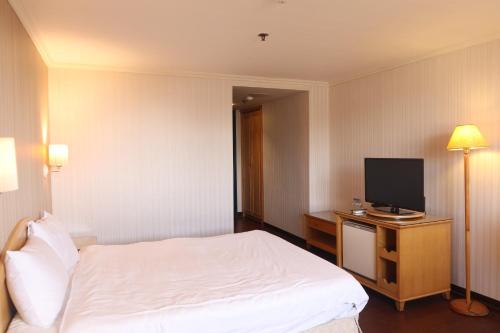 a hotel room with a bed and a television at Hermes Hotel in Hsinchu City