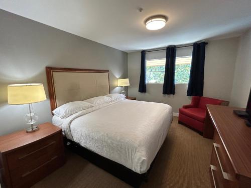 a bedroom with a bed and a red chair at Hillside Inn in Santa Rosa