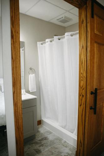 a bathroom with a shower curtain and a sink at Bricktown Inn in Camp Point