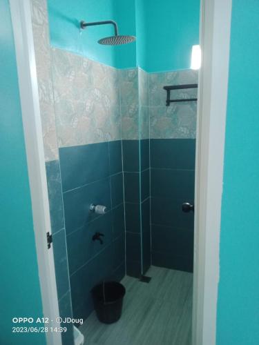 a bathroom with a shower with blue tiles at SmallFry's Beach Resort in Calatrava