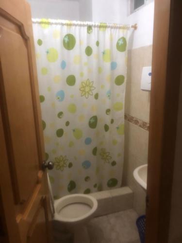 a bathroom with a shower curtain with a toilet at Pensión Malacatos in Loja