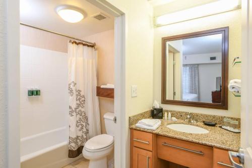 a bathroom with a sink and a toilet and a mirror at Residence Inn Cincinnati North West Chester in West Chester