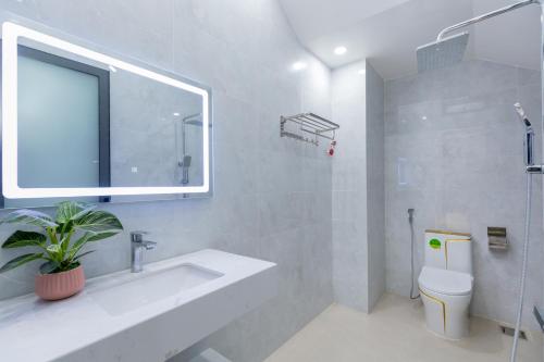 ein Badezimmer mit einem Waschbecken, einem WC und einem Spiegel in der Unterkunft Villas & Hotel 126 Vũng Tàu in Vũng Tàu