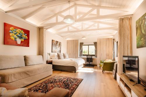 een woonkamer met een bed en een televisie bij Vlei Cove in Kaapstad