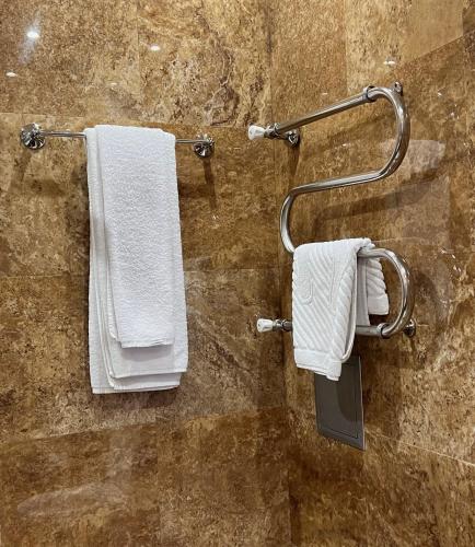 two white towels hanging on a wall in a bathroom at JEPPESEN RESIDENCE in Almaty