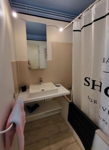 une salle de bain avec un lavabo et un miroir dans l'établissement pour vos séjours pro ou détentes, à Issoire