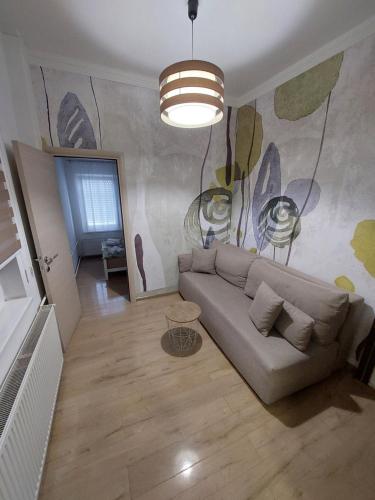 - un salon avec un canapé et un tableau mural dans l'établissement Ancora apartment Anja, à Novi Sad