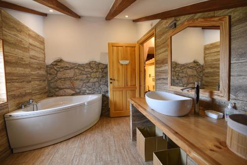 a bathroom with a large tub and a large mirror at Villa Danica with pool - Perka in Zvoneće