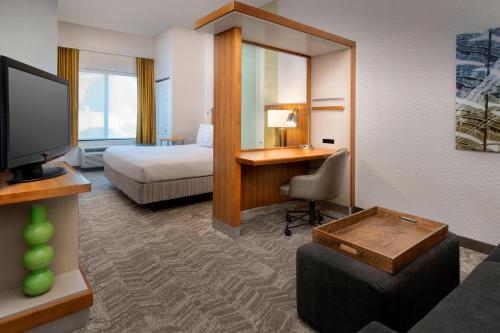 a hotel room with a bed and a desk and a television at SpringHill Suites Alexandria in Alexandria