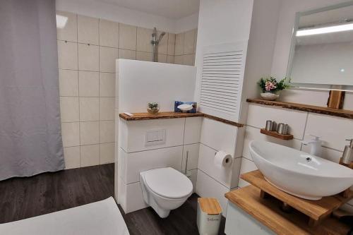 La salle de bains est pourvue d'un lavabo blanc et de toilettes. dans l'établissement Idyllischen Ferienwohnung mit Weitblick und Sauna, à Schnaittach