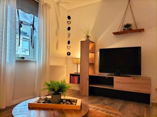 a living room with a flat screen tv on a wall at Ferienwohnung Emilie in Masserberg
