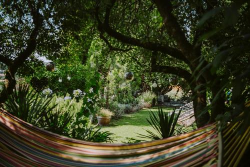 a hammock in a garden with trees and plants at Villa Schindler in Manerba del Garda
