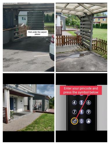 a collage of pictures of a garage and a driveway at Luxury Villa 130 m2 centrally in Katrineholm