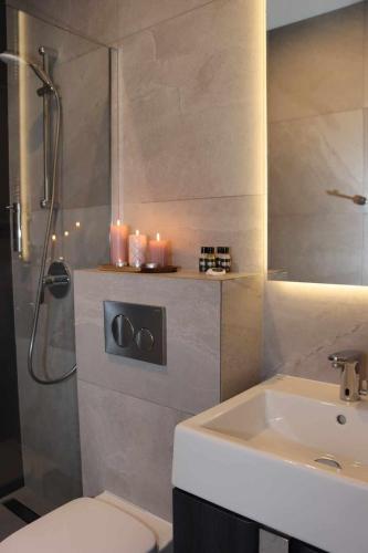 a bathroom with a shower and a sink and a toilet at Pokój kapitański in Polańczyk