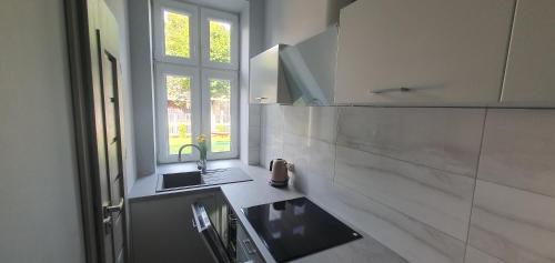 biała kuchnia ze zlewem i oknem w obiekcie Apartament Starówka w Koninie