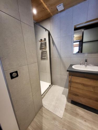 uma casa de banho com um chuveiro e um lavatório. em Studio pour petite famille em Le Grand-Bornand