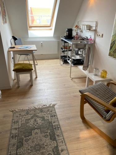 a living room with a rug and a table and a rug at Mikroapartment Leipzig in Leipzig