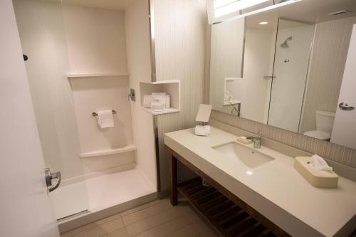 史塔克維爾的住宿－斯塔克維爾米爾會議中心萬怡酒店，浴室配有盥洗盆和带镜子的淋浴