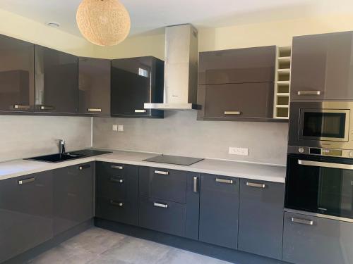 - une cuisine avec des armoires bleu foncé et un évier dans l'établissement Grand appartement de standing, à Saint-Dizier