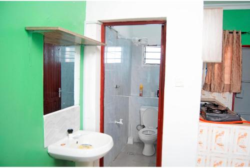 a bathroom with a white sink and a toilet at Emap Homes- Golf studio in Kilifi