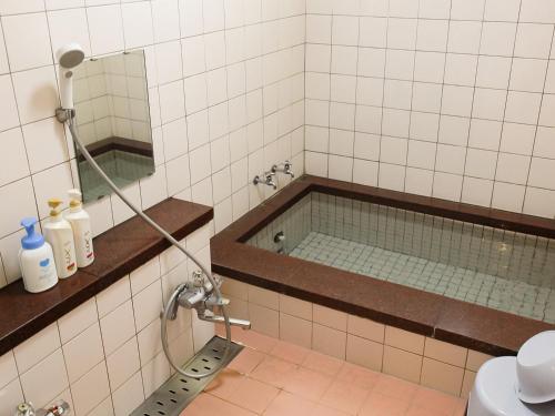 a bathroom with a bath tub with a mirror at Landhaus Dancru Netz in Hakuba