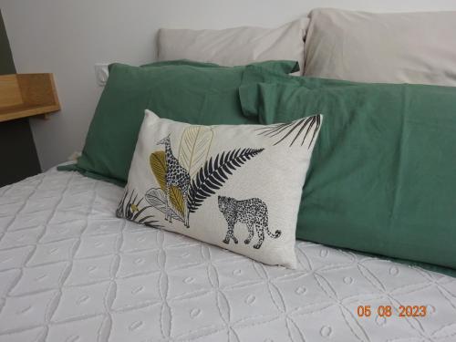 - un oreiller assis au-dessus du lit avec des oreillers verts dans l'établissement Dandy - chambre tout confort centre-ville Nogent-le-Rotrou, à Nogent-le-Rotrou