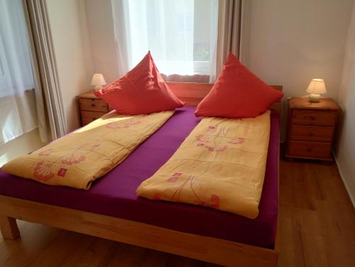 - une chambre avec 2 lits dotés d'oreillers rouges et jaunes dans l'établissement Ferienwohnung in der Kunst und Kultur Villa Bad Steben, à Bad Steben