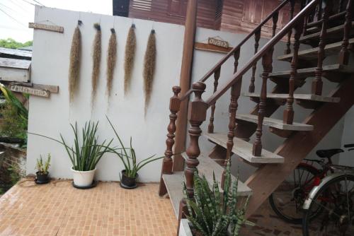 a wall with a staircase and some plants at บ้านน่านโฮมสเตย์ in Nan