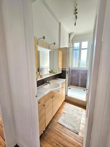 une salle de bain avec un lavabo blanc et une douche dans l'établissement Appartement douillet en hyper centre de Dieppe, à Dieppe