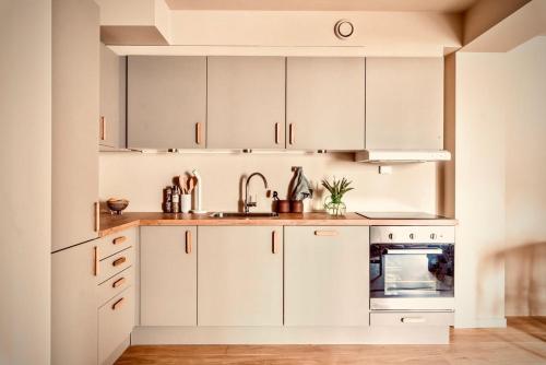 a kitchen with white cabinets and a sink at Magnificent Modern Apartment Central Oslo in Oslo