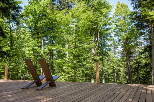 two benches on a wooden deck with trees in the background at Wellness & Naturresort Reischlhof in Wegscheid