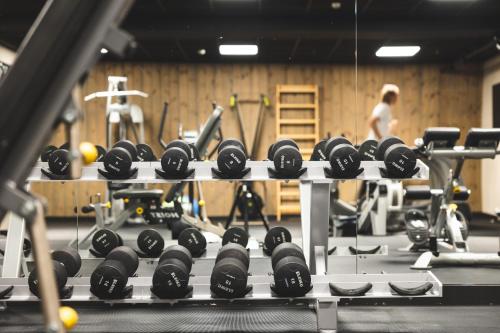 a row of dumbbells in a gym at Highland Lodge Fjellandsby in Geilo