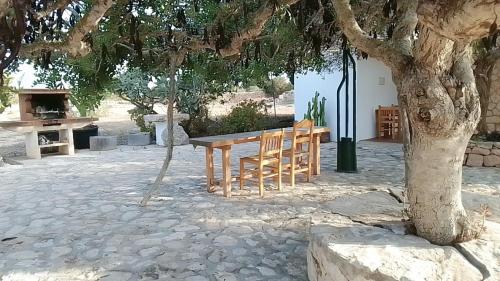 a table and chairs sitting under a tree at Casa Pamela in Cala Saona