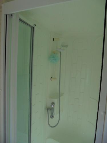 a shower in a bathroom with a glass door at Sealands : Arronbrook:- 6 Berth, Access to the beach, Close to site entrance in Ingoldmells