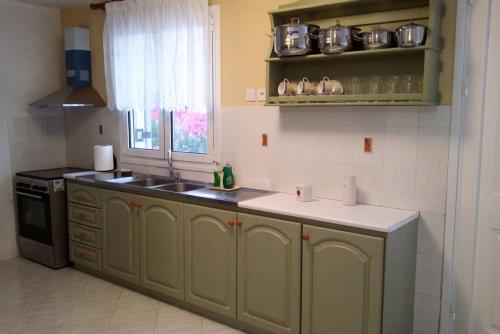 una cucina con armadi verdi, lavandino e finestra di ALTHEA HOUSES ad Alinda