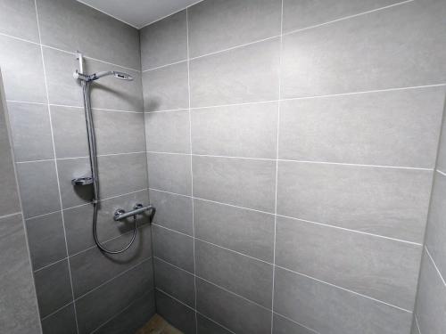 a shower stall in a bathroom with gray tiles at Ferienwohnung am Alenberg in Münsingen