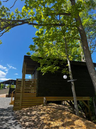 uma pequena cabana preta com uma árvore em primeiro plano em Vättervy Glamping- Ravinstuga em Habo
