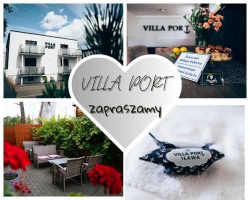 a collage of photos with a heart and a building at Villa Port in Iława