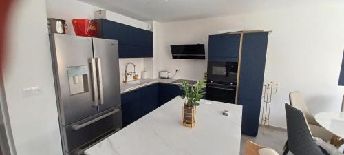 La cuisine est équipée de placards bleus et d'un réfrigérateur en acier inoxydable. dans l'établissement Villa l ÉCRIN au cœur des alpilles, à Mouriès