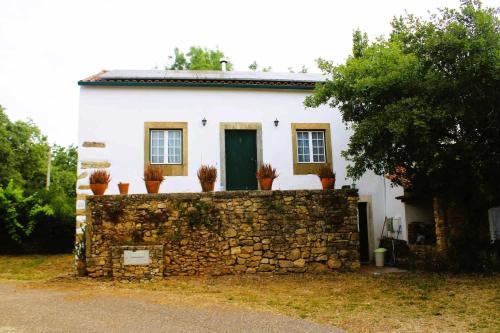 a house with a stone wall and a green door at Casa do Trola - Ferreira do Zêzere in Águas Belas