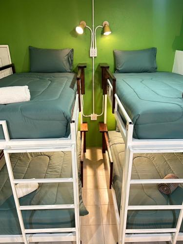 two bunk beds in a room with a green wall at Sabai Sabai Poshtel & Motorbike Rental in Koh Tao